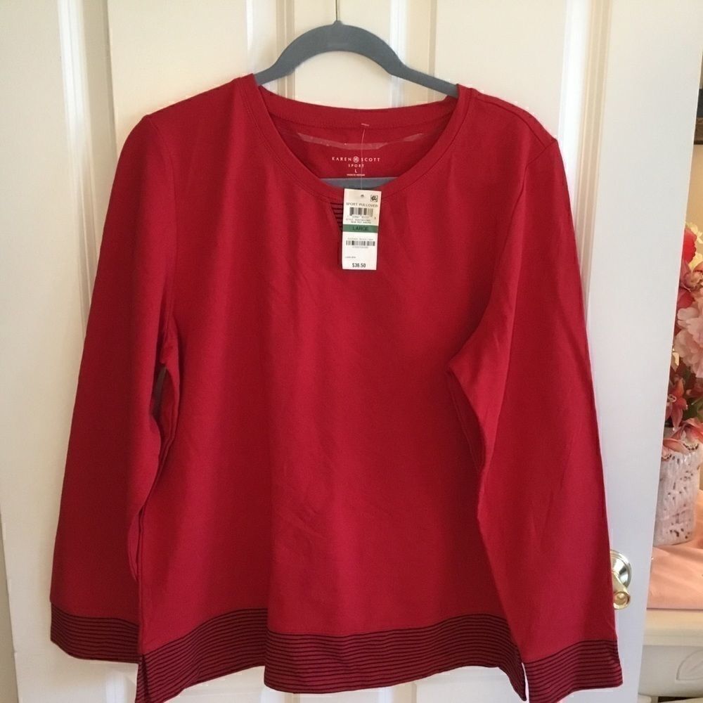 NWT. Karen Scott Contrast Hem Red Tunic Sz. L